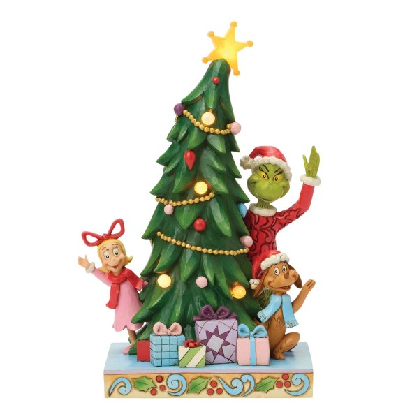 Grinch, Cindy, Max peeking out from led tree - JIM SHORE GRINCH