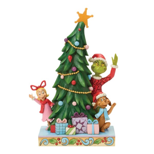 Grinch, Cindy, Max peeking out from led tree - JIM SHORE GRINCH