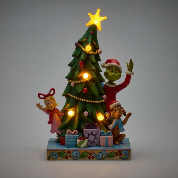 Grinch, Cindy, Max peeking out from led tree - JIM SHORE GRINCH